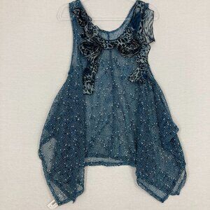 NWT Vintage Evelyn & Arthur Blue Crochet Ruffle Arty Wool Blend Tunic Large Boho